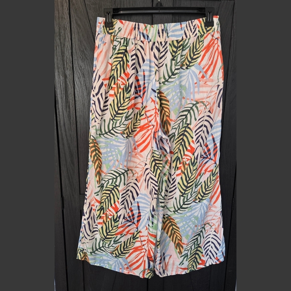 Tropical Leaf Print Wide-Leg Pants 100% Linen Large Resortwear - Picture 2 of 4
